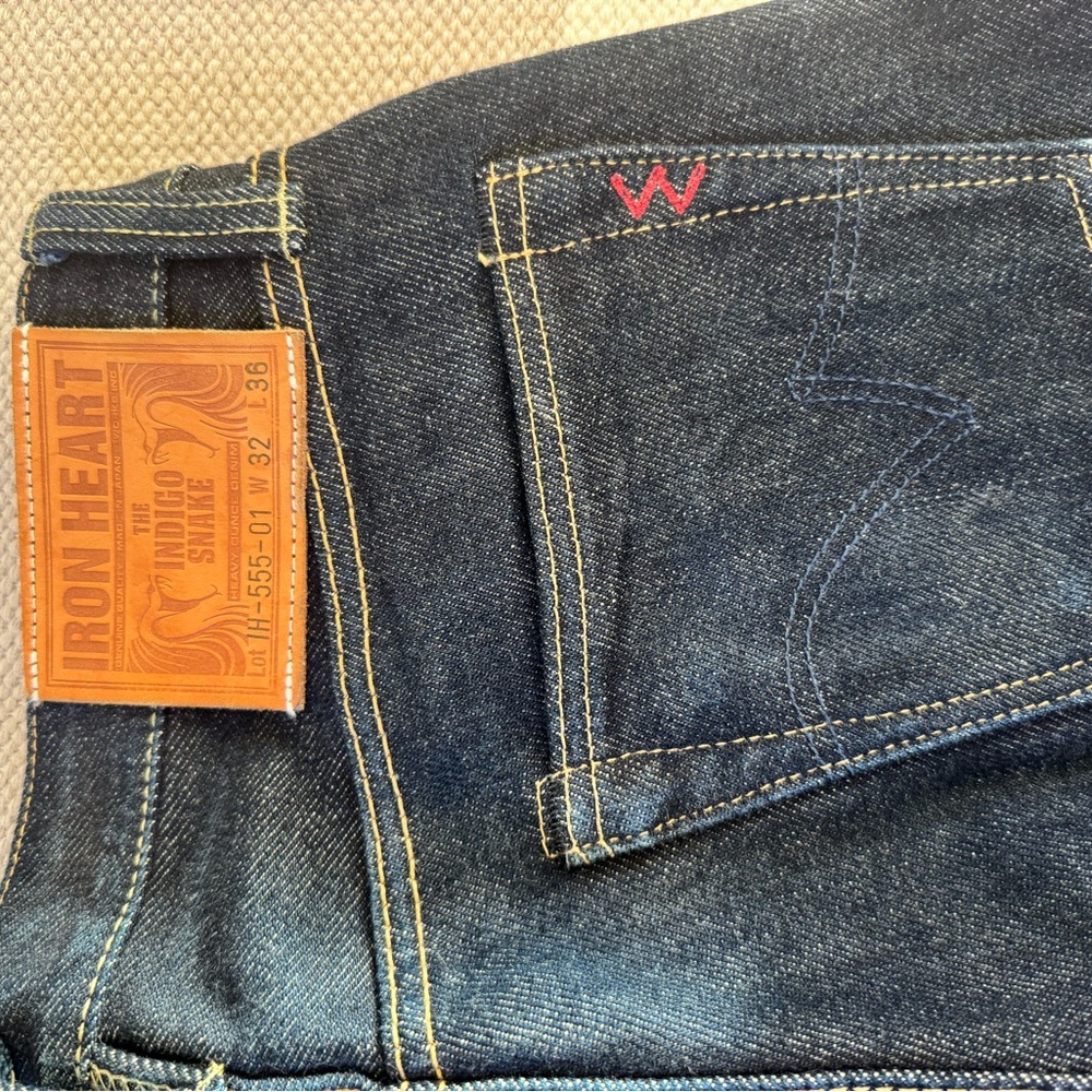Indigo Blue Slim Straight Jeans with Leather Patch
